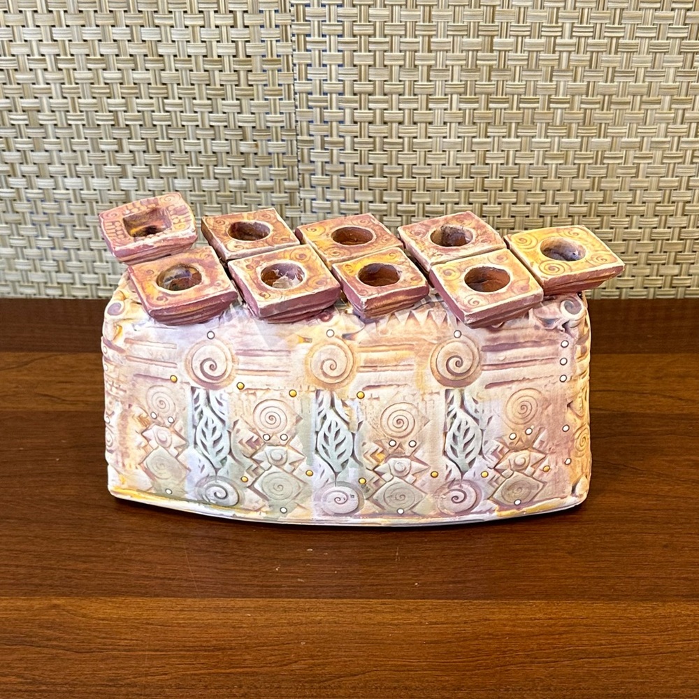 🕎🌟HP🌟Handmade Textured Terra Cotta Hanukkah Menorah Enamel Beads Mark Yasanchack